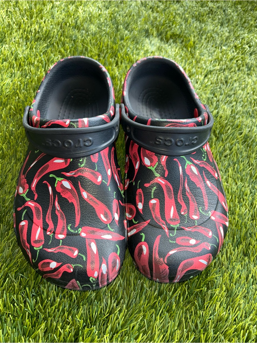 CROCS Bistro  Black Clogs with Red Chili Pepper Print